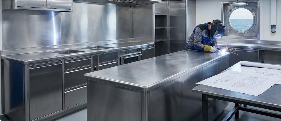 Stainless steel kitchen on a ship.